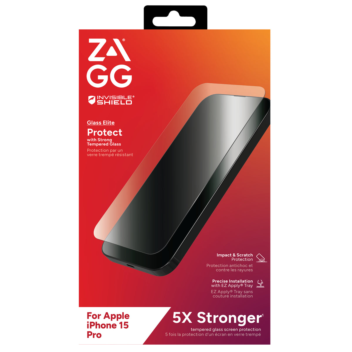 InvisibleShield Glass Elite Protection d'écran en Verre Trempé pour iPhone 15 Pro, Transparent