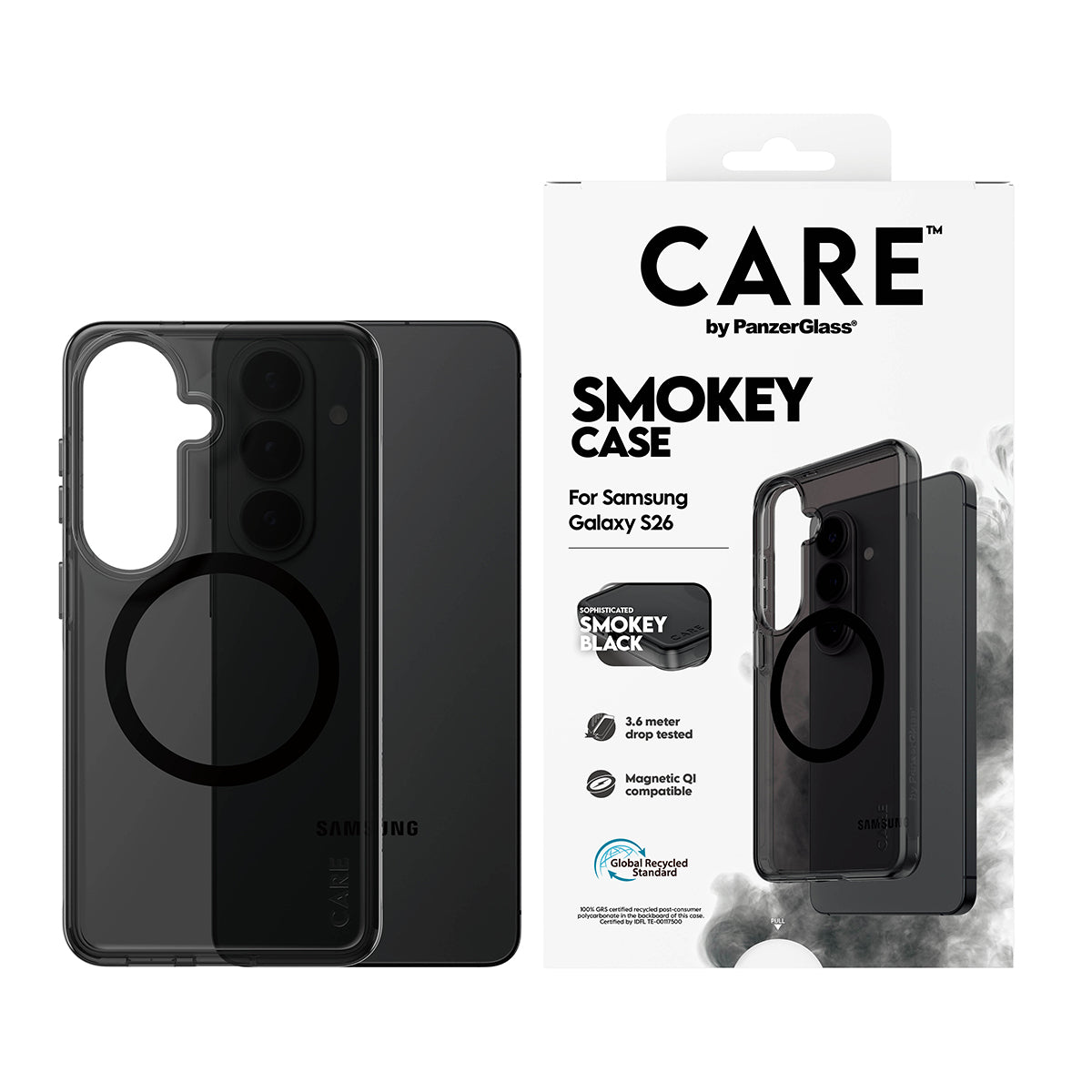 PanzerGlass CARE™ by ® Smokey Case w. Black Qi Samsung Galaxy S26 coque de protection pour téléphones portables Housse Noir