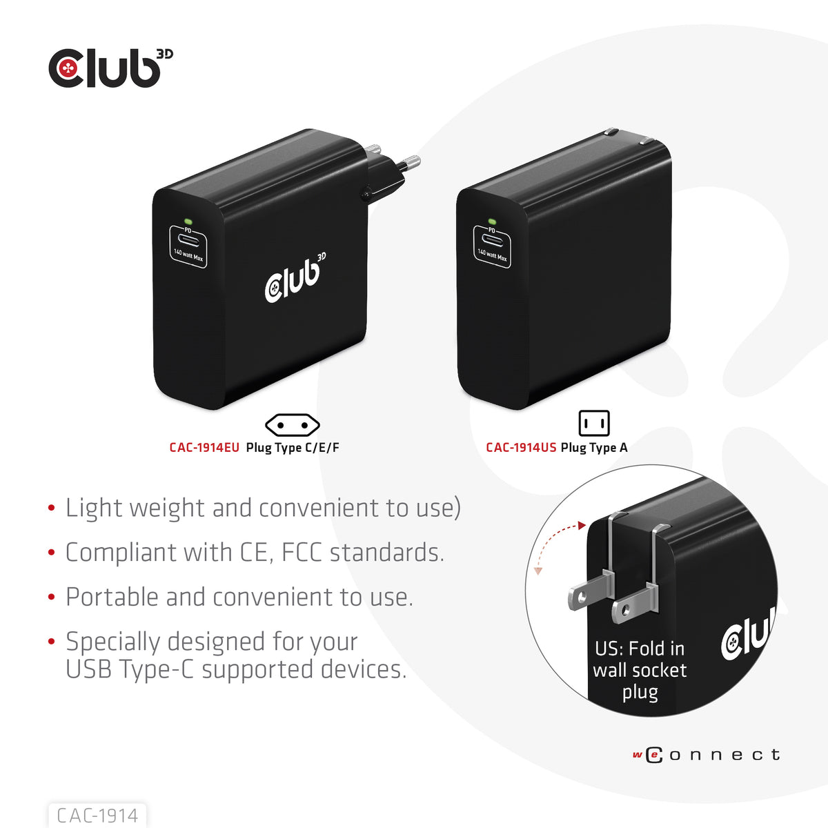 Club 3D CAC-1914EU Adaptateur d'Alimentation GaN 140W