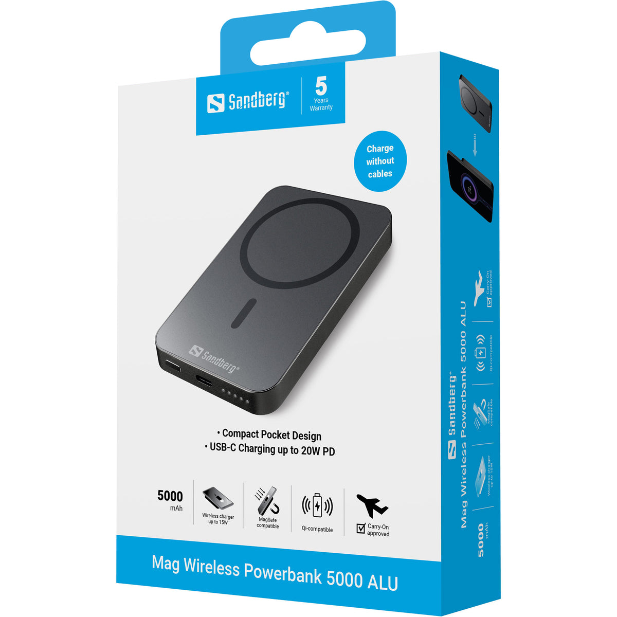 Sandberg Mag Wireless Powerbank 5000 ALU, Batterie Externe Magnétique 5000 mAh, Charge Rapide 20W USB-C et Sans Fil 15W,