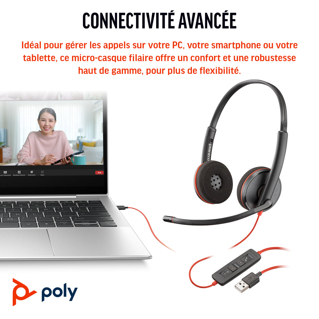 HP Poly Micro-casque stéréo USB-C Poly Blackwire 3220 + adaptateur USB-C/A (lot)