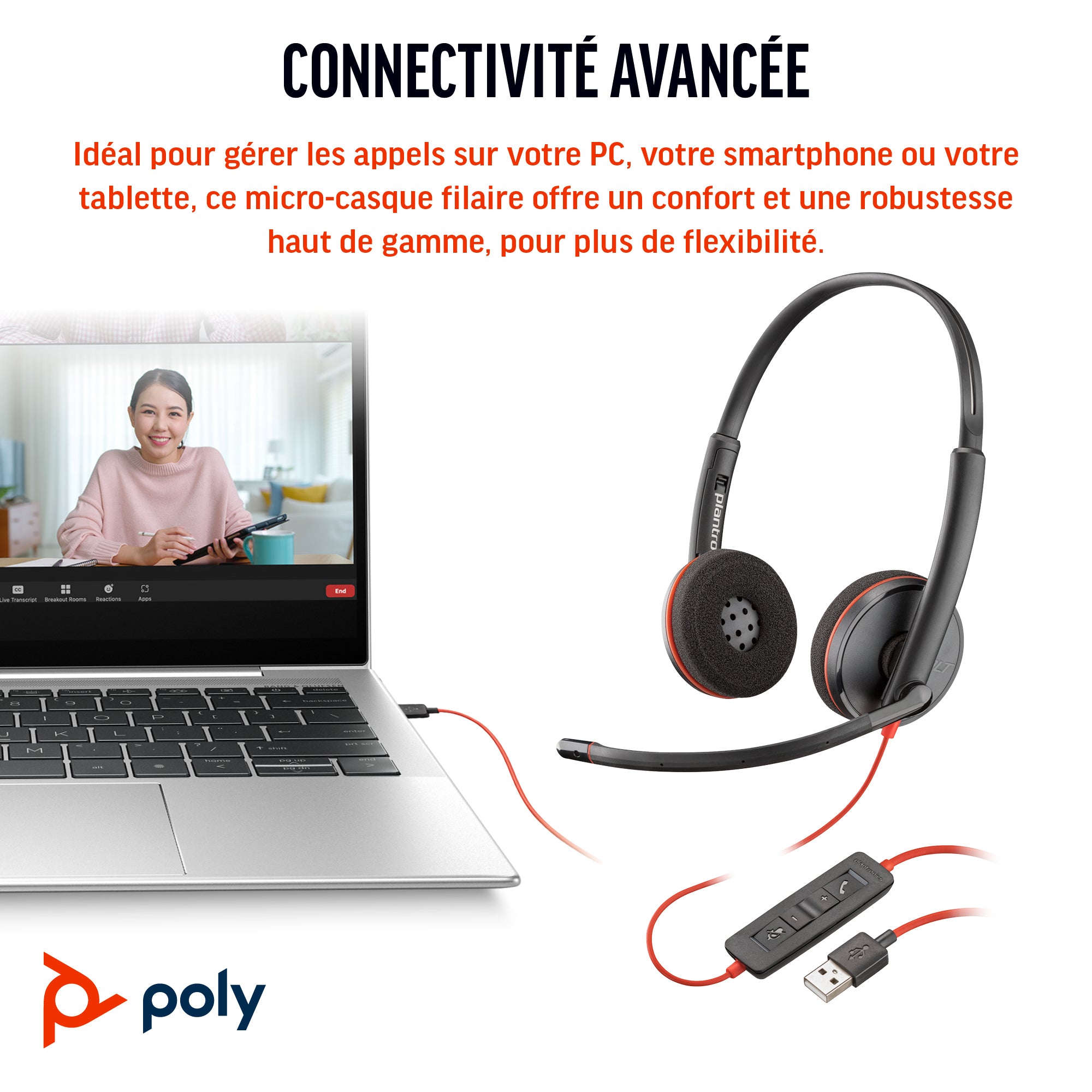 HP Poly Micro-casque stéréo USB-C Poly Blackwire 3220 + adaptateur USB-C/A (lot)