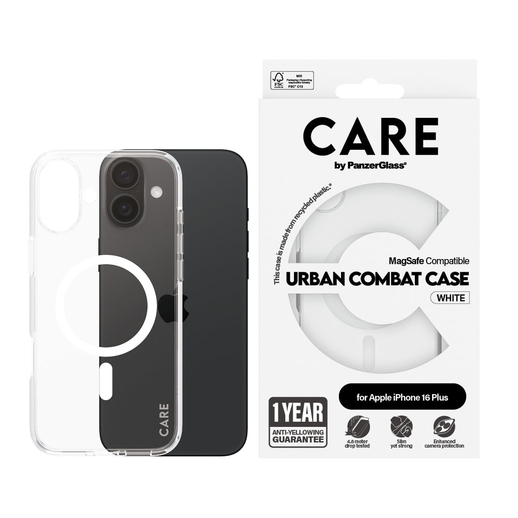 PanzerGlass CARE™ by ® Urban Combat Case Transparent w. White MagSafe iPhone 16 Plus coque de protection pour téléphones portables Housse
