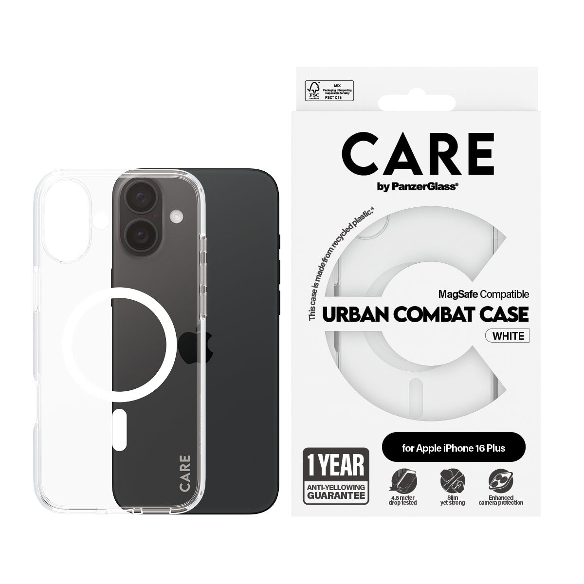 PanzerGlass CARE™ by ® Urban Combat Case Transparent w. White MagSafe iPhone 16 Plus coque de protection pour téléphones portables Housse