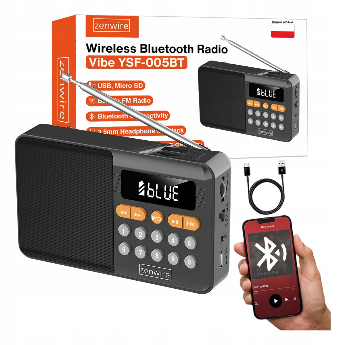 Mini radio FM Bluetooth portable à piles, haut-parleur sans fil pour la cuisine Zenwire YSF-005BT