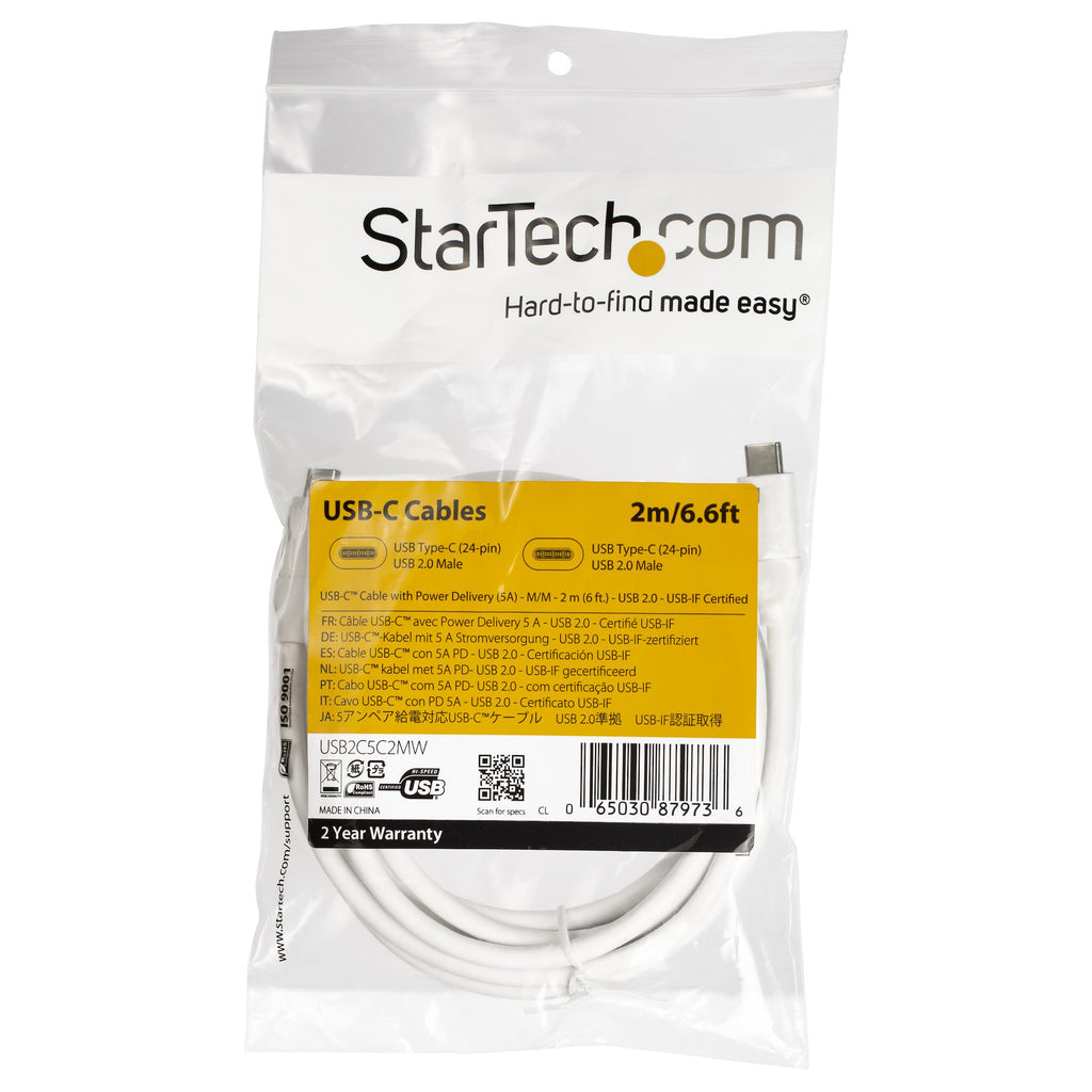 StarTech.com Câble de Charge Rapide USB-C de 2m, Charge et Synchronisation, 100W (5A) PD, USB 2.0, Certifié USB-IF - Cordon de Charge USB C Blanc