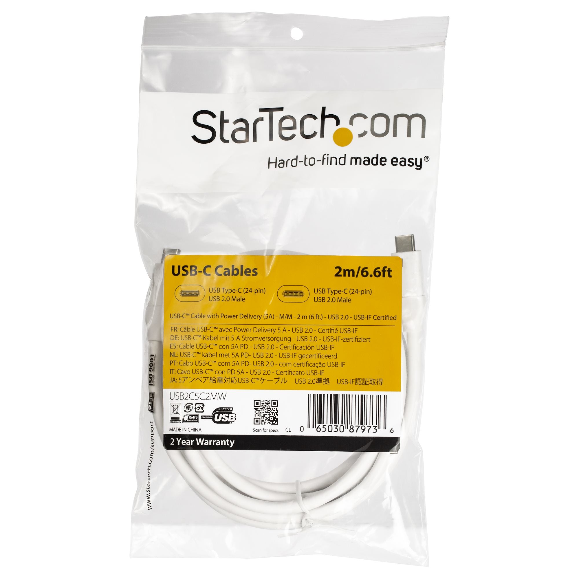 StarTech.com Câble de Charge Rapide USB-C de 2m, Charge et Synchronisation, 100W (5A) PD, USB 2.0, Certifié USB-IF - Cordon de Charge USB C Blanc