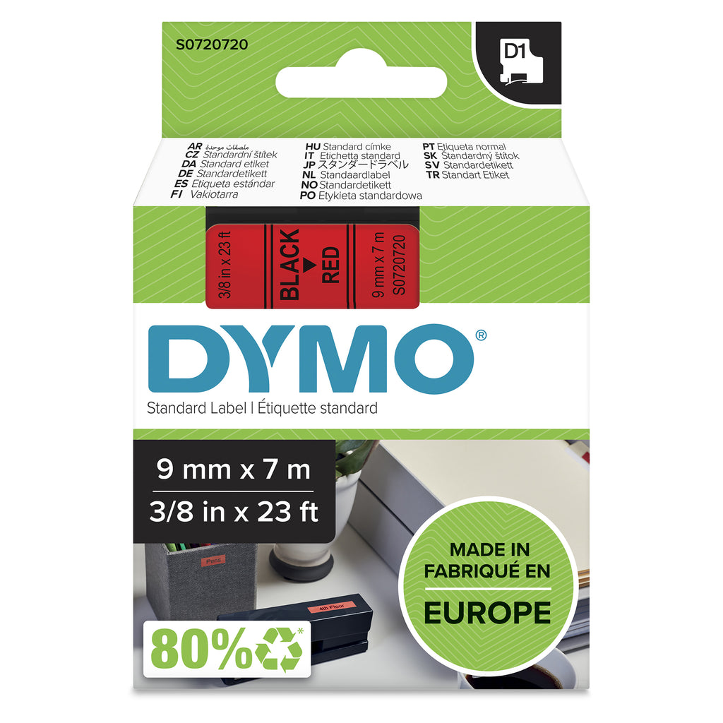 DYMO D1 étiquettes autocollantes authentiques | rouleau de 9 mm x 7 m | impression en noir sur fond rouge | autocollante