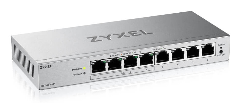 Zyxel GS1200-8HPV3 Géré L2 Gigabit Ethernet (10/100/1000) Connexion Ethernet, supportant l'alimentation via ce port (PoE) Bureau Gris