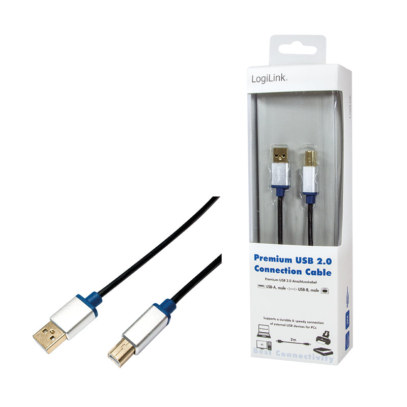 LogiLink Câble USB 2.0 Type A vers Type B, 2m, Noir, 0,48 Gbit/s