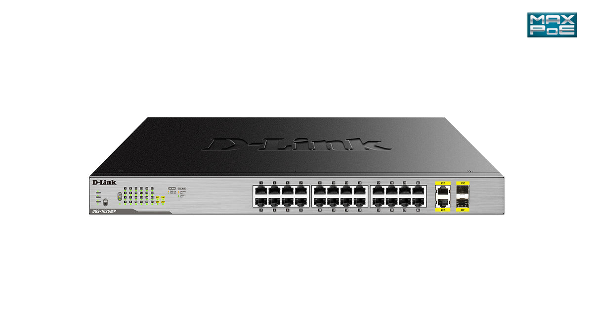 D-Link DGS-1026MP Commutateur Réseau Non-géré Gigabit Ethernet PoE, 24 Ports RJ-45, Noir et Gris
