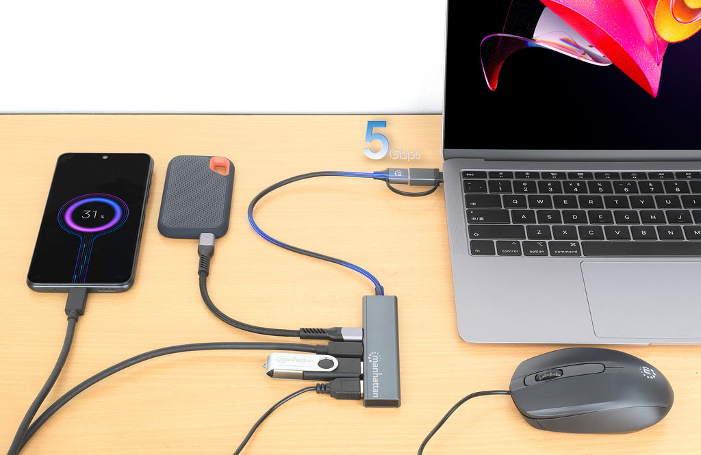 Manhattan Dock/hub combo USB-C & USB-A, 4 ports : 2x USB-A + 2x USB-C, 5 Gbit/s (USB 3.0), Alimenté par USB (aucune alim