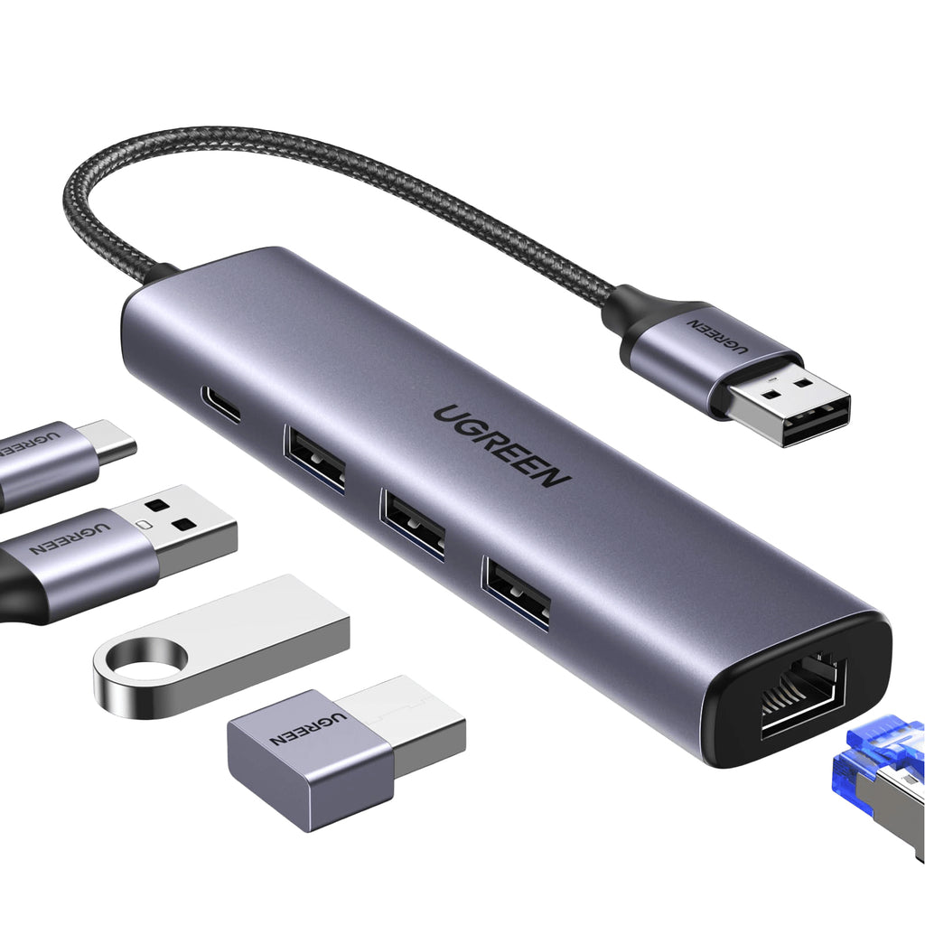 UGREEN Adaptateur 5-en-1 USB-A vers 3x USB 3.0, RJ45 et USB-C, Argent