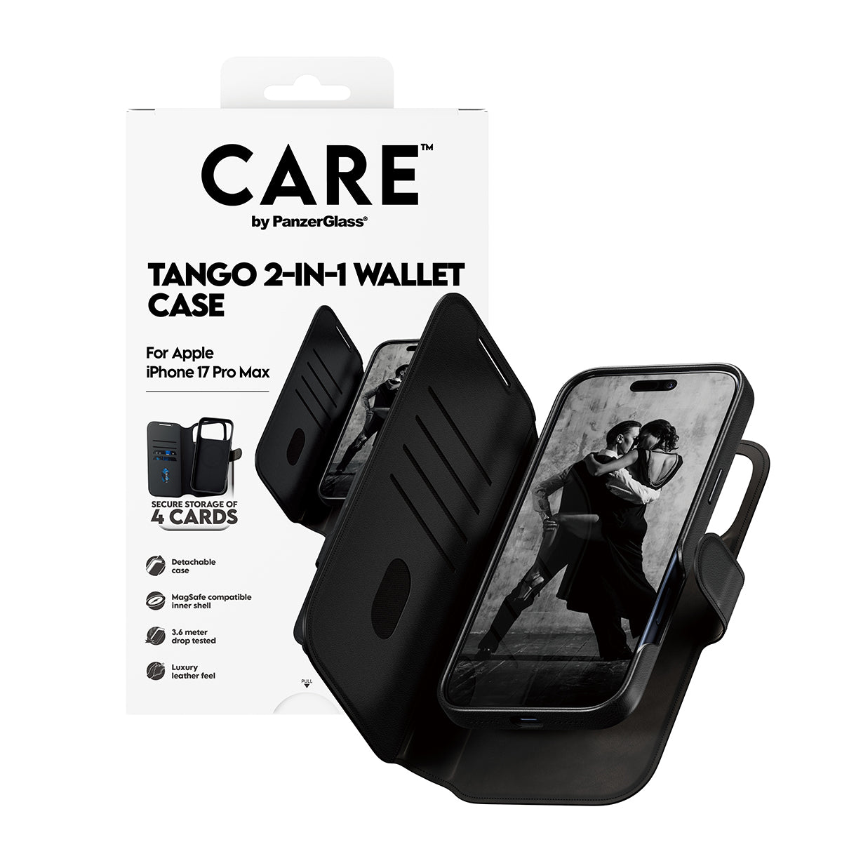 PanzerGlass CARE by Tango Étui Portefeuille 2-en-1 avec MagSafe pour iPhone 17 Pro Max, Noir