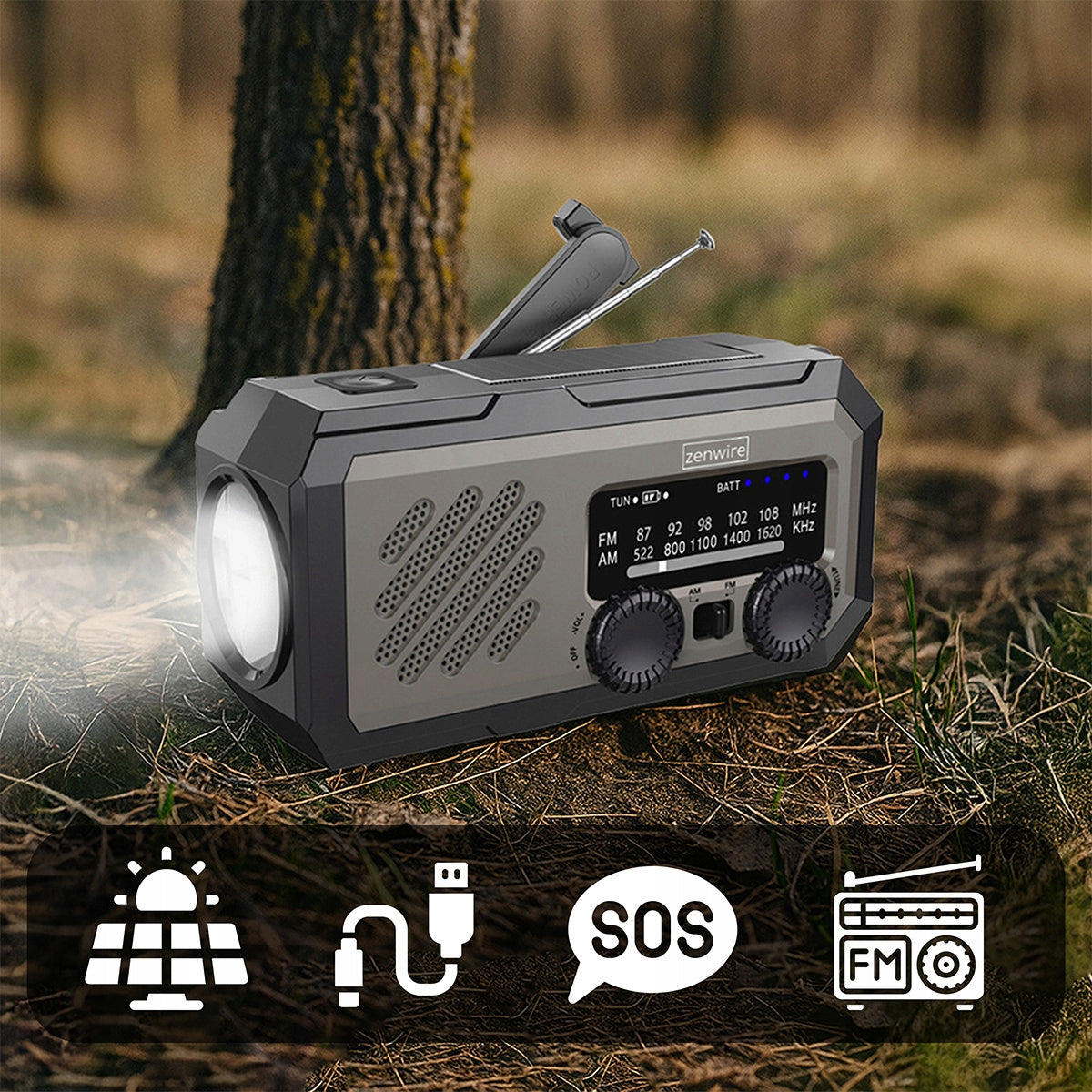 Mini radio portable solaire d'urgence pour le chantier, à manivelle, avec piles et batterie externe Zenwire Vibe Y2