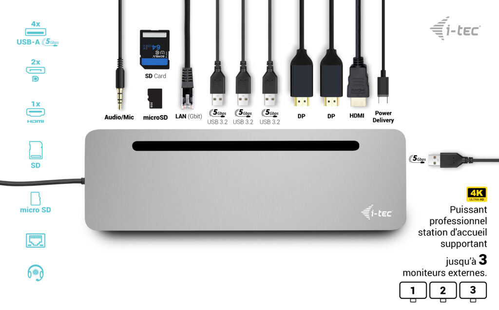 i-tec USB-C Metal Ergonomic 3x 4K Display Docking Station + Power Delivery 100 W