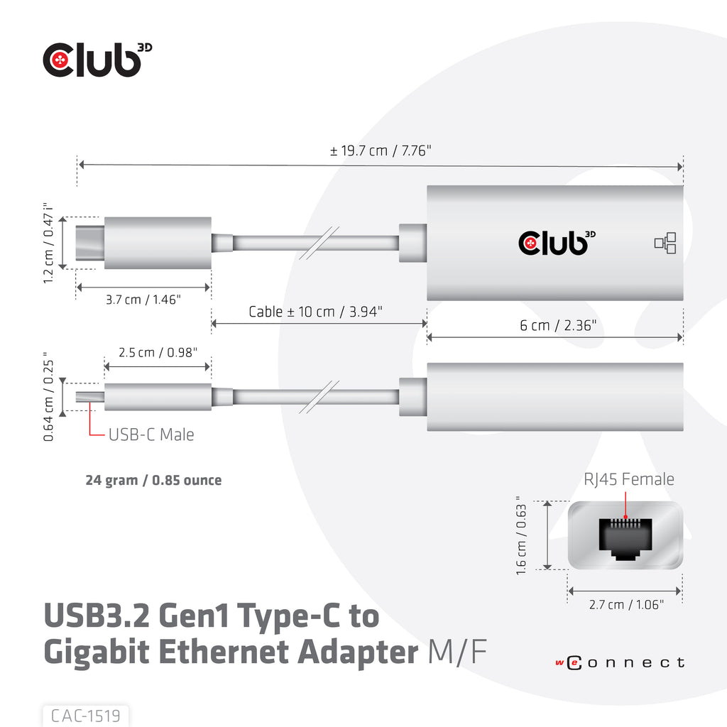 CLUB3D CAC-1519 Adaptateur Câble USB-C vers RJ-45, Blanc