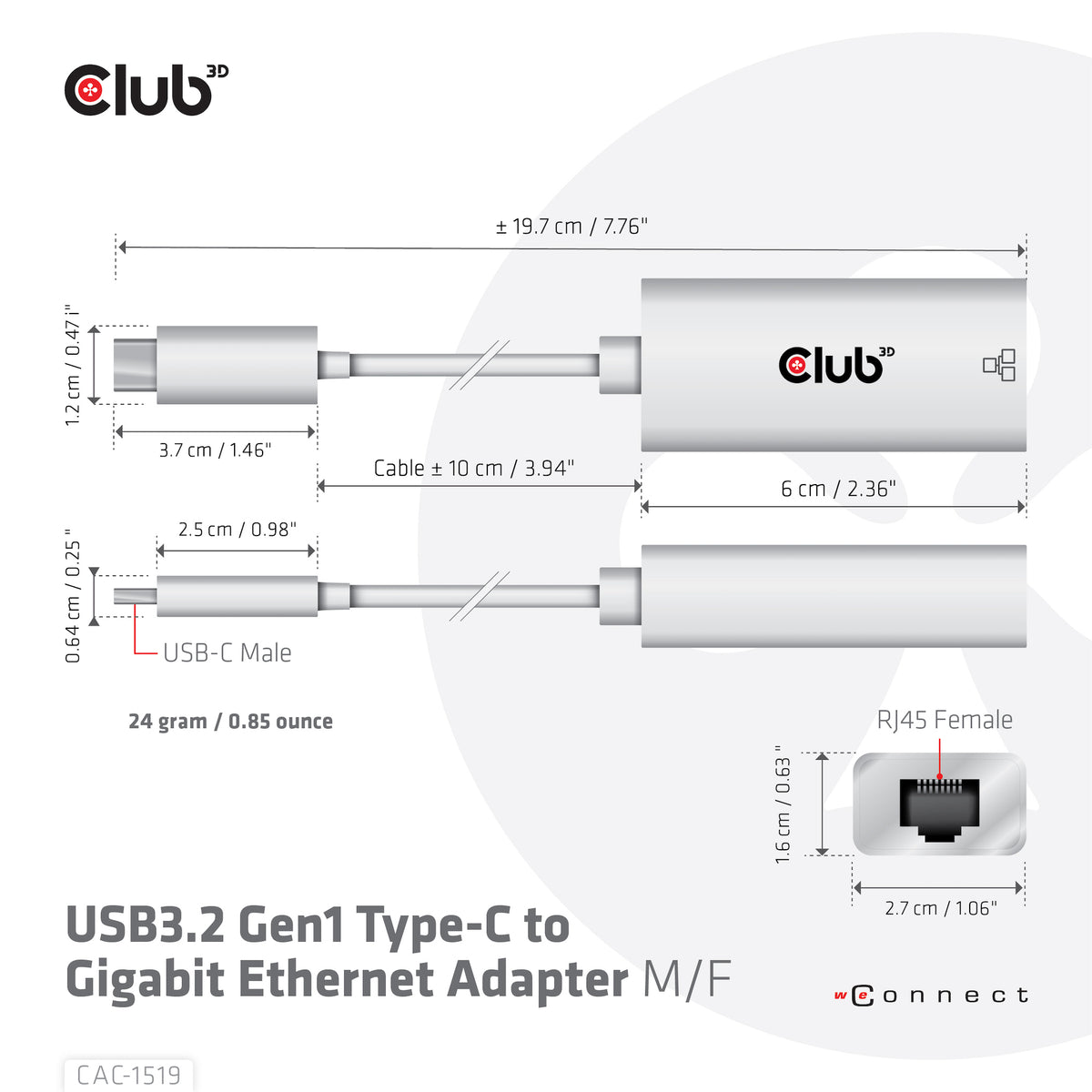 CLUB3D CAC-1519 Adaptateur Câble USB-C vers RJ-45, Blanc