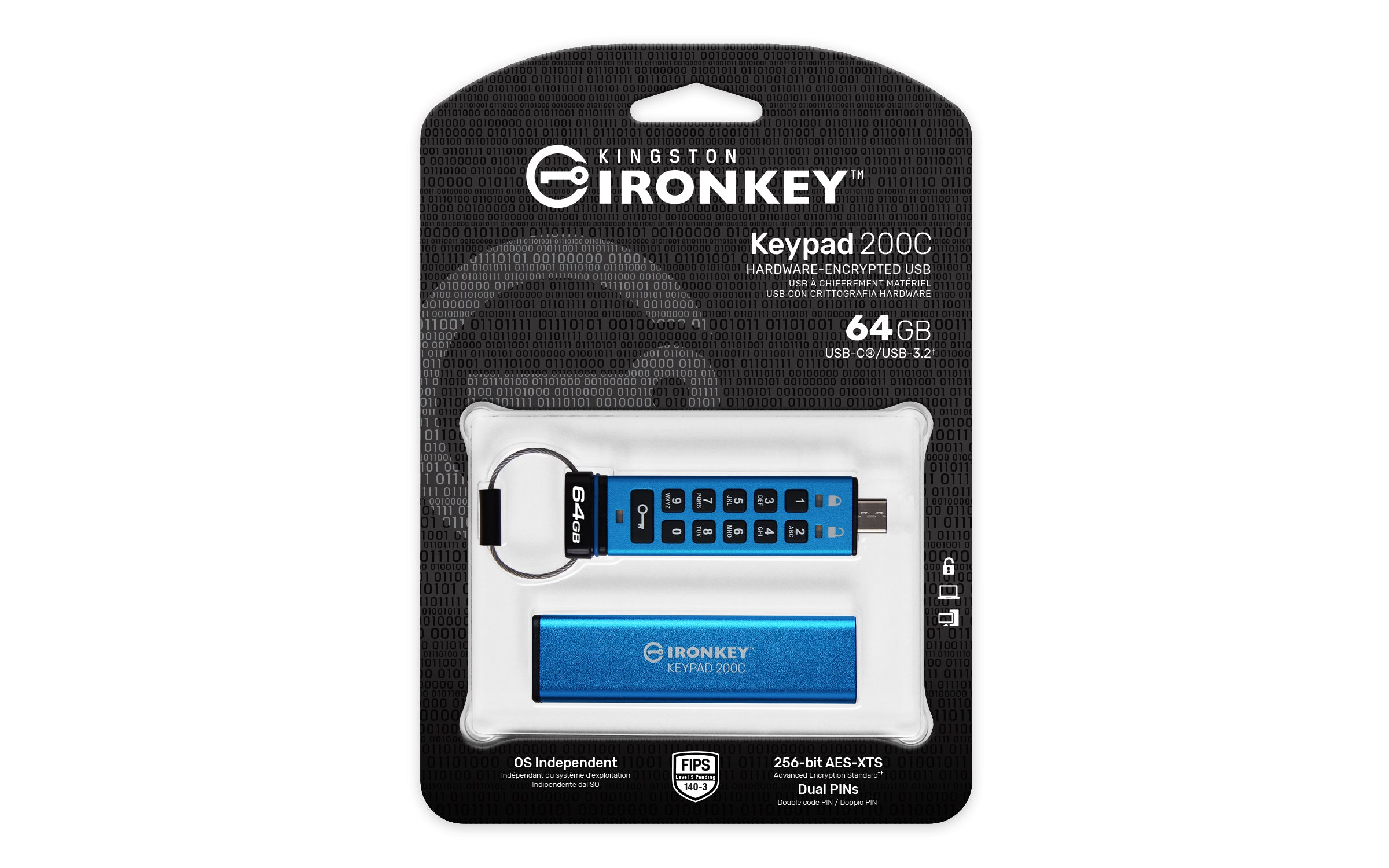 Kingston Technology IronKey Keypad 200C USB-C de 64 Go, FIPS 140-3 niveau 3 AES-256