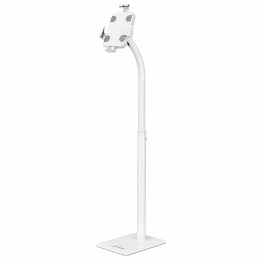 Manhattan Support de sol antivol pour tablette et iPad, universel, rotation 360°, inclinaison +20° à -110°, verrouillable, blanc, pour tablettes 7,9"–11", hauteur réglable 790 à 1190 mm, fixation à l’arrière au sol possible