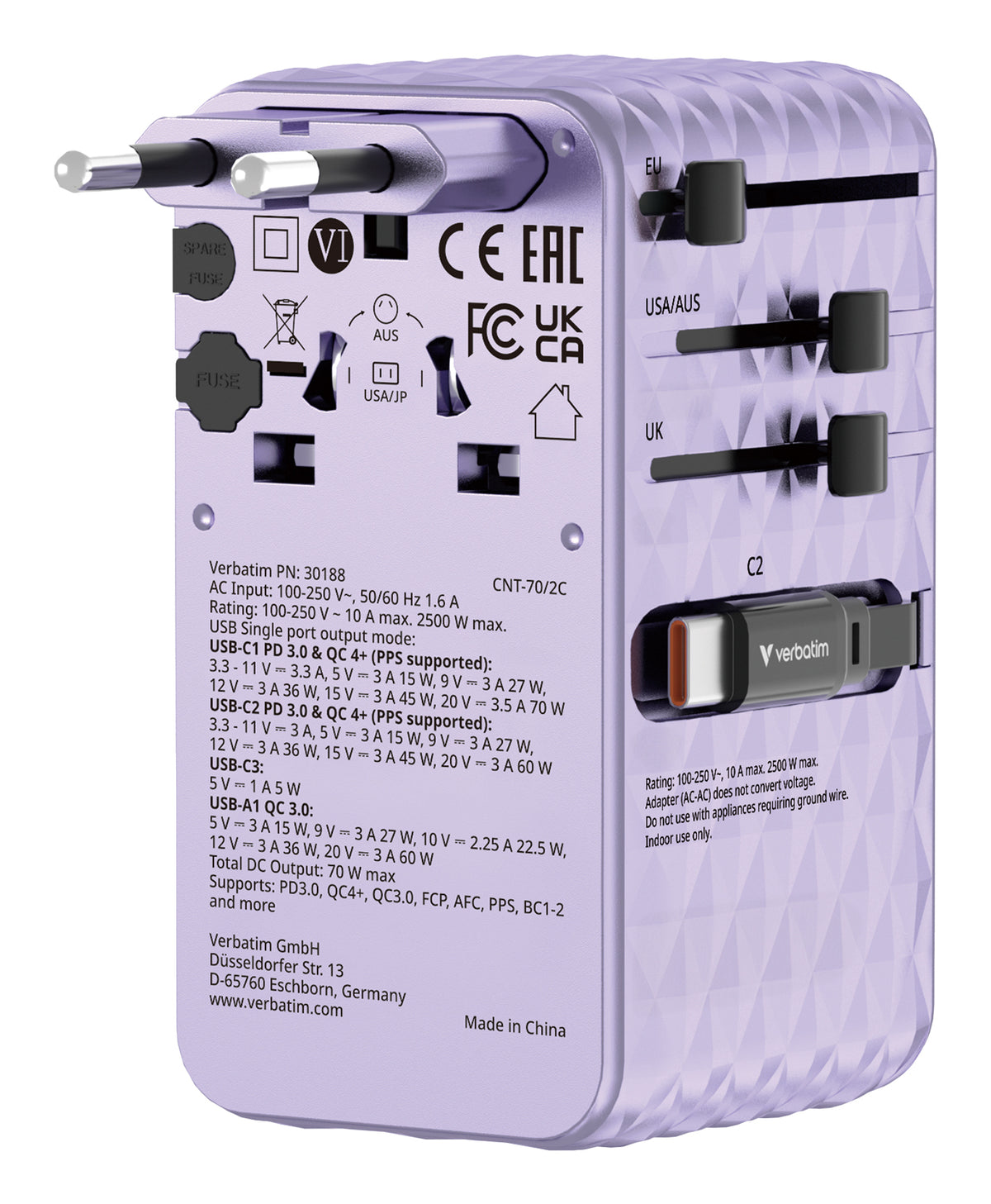 Verbatim Charge 'n' Travel 70W Adaptateur Secteur Universel Violet Charge Rapide