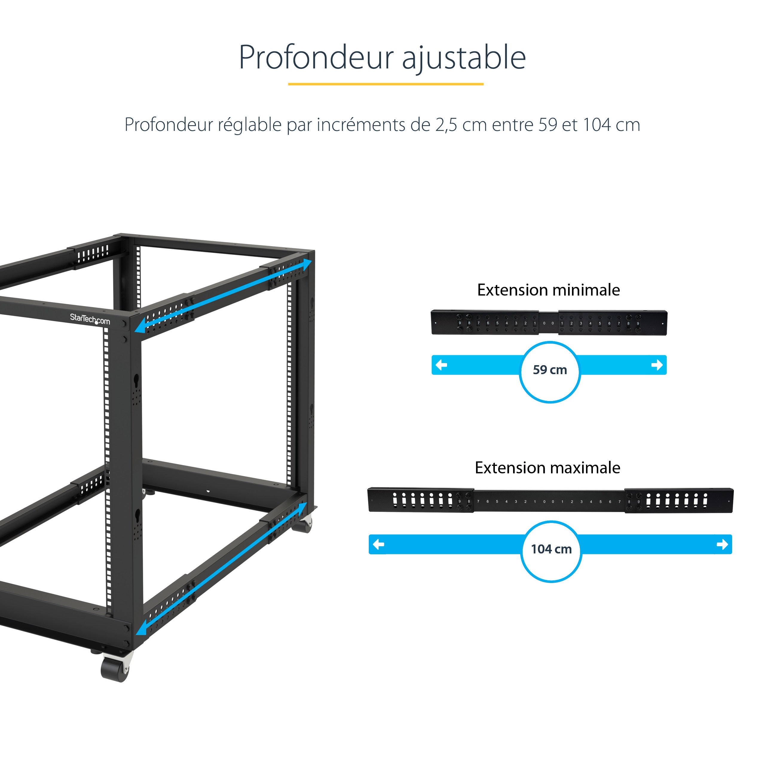 StarTech.com Rack Serveur Mobile 25U 4 Poteaux, Rack Réseau 19" 4 Poteaux avec Roulettes, Rack Roulant avec Profondeur Ajustable pour PC/AV/Données/Informatique - Roulettes, Pieds de nivellement ou Fixation au Sol