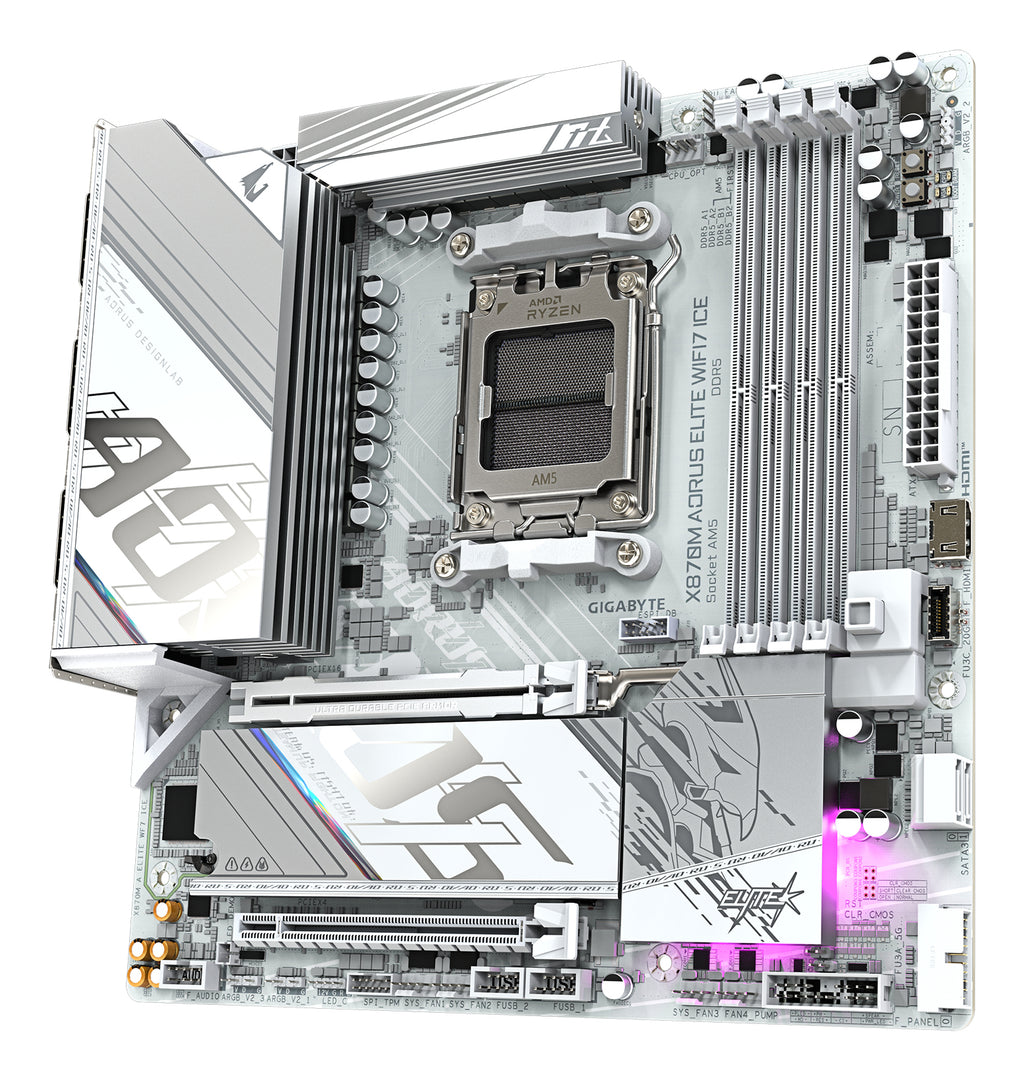 GIGABYTE X870M AORUS ELITE WIFI7 ICE Carte Mère – Compatible avec processeurs AMD Ryzen 9000, VRM numérique 14+2+2 phases, jusqu’à 8200 Hz DDR5 (O.C), 1× PCIe 5.0 + 1× PCIe 4.0, Wi-Fi 7, LAN 2.5 GbE, USB 4