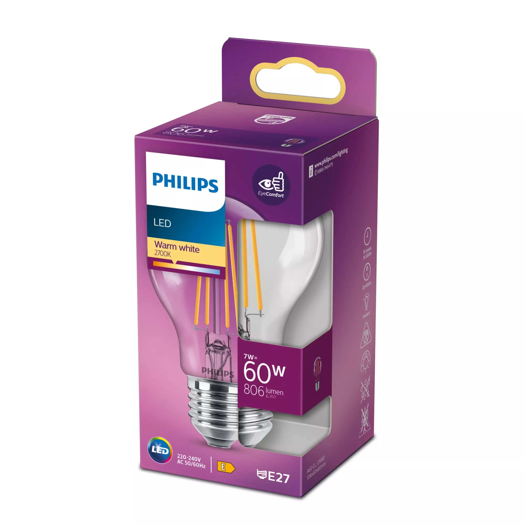 Philips Ampoule transparente à filament 60 W A60 E27