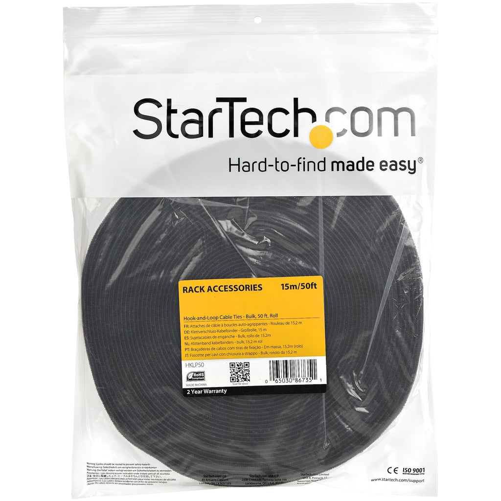 StarTech.com Ruban Auto-Agrippant pour Gestion de Câbles, Rouleau de 15,2 m, Noir