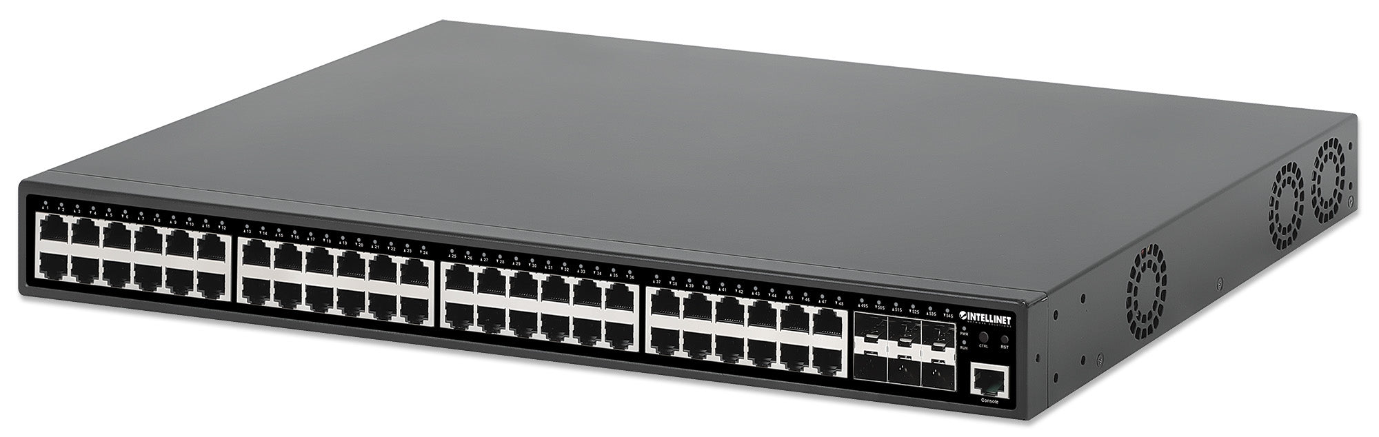 Intellinet Commutateur réseau (switch) PoE+ Gigabit 48 ports administrable L2+ avec 6 liaisons montantes SFP+ 10G, IEEE 802.3at/af, budget PoE 450 W, rack 19", garantie de 3 ans