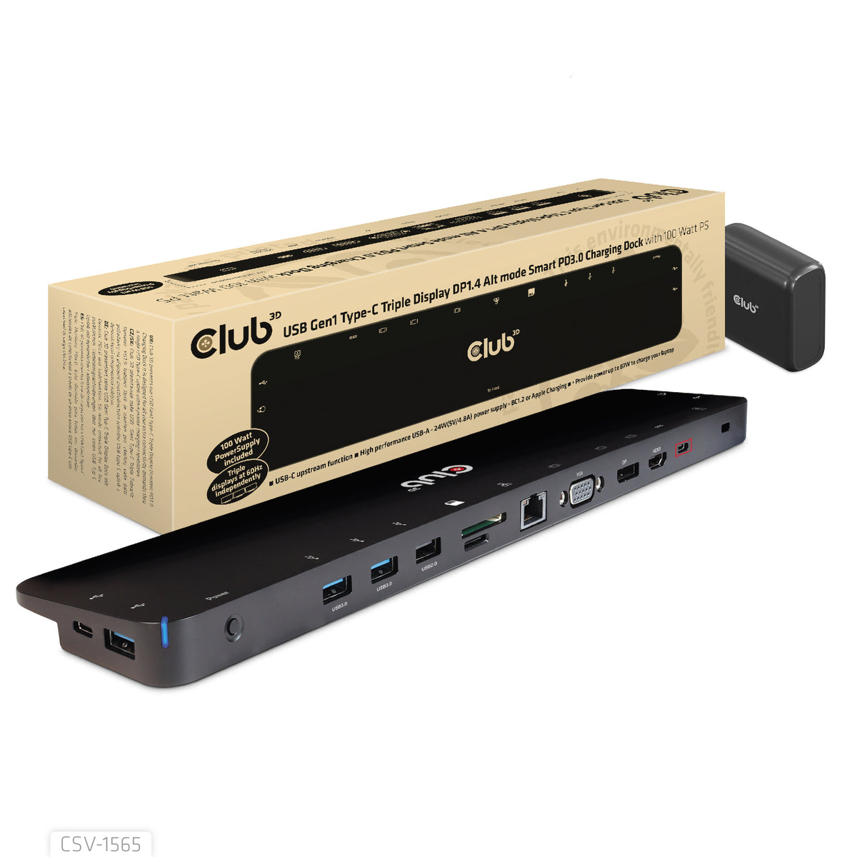 CLUB3D CSV-1565 Station d'accueil USB 3.2 Gen 1 (3.1 Gen 1) Type-C, Noir