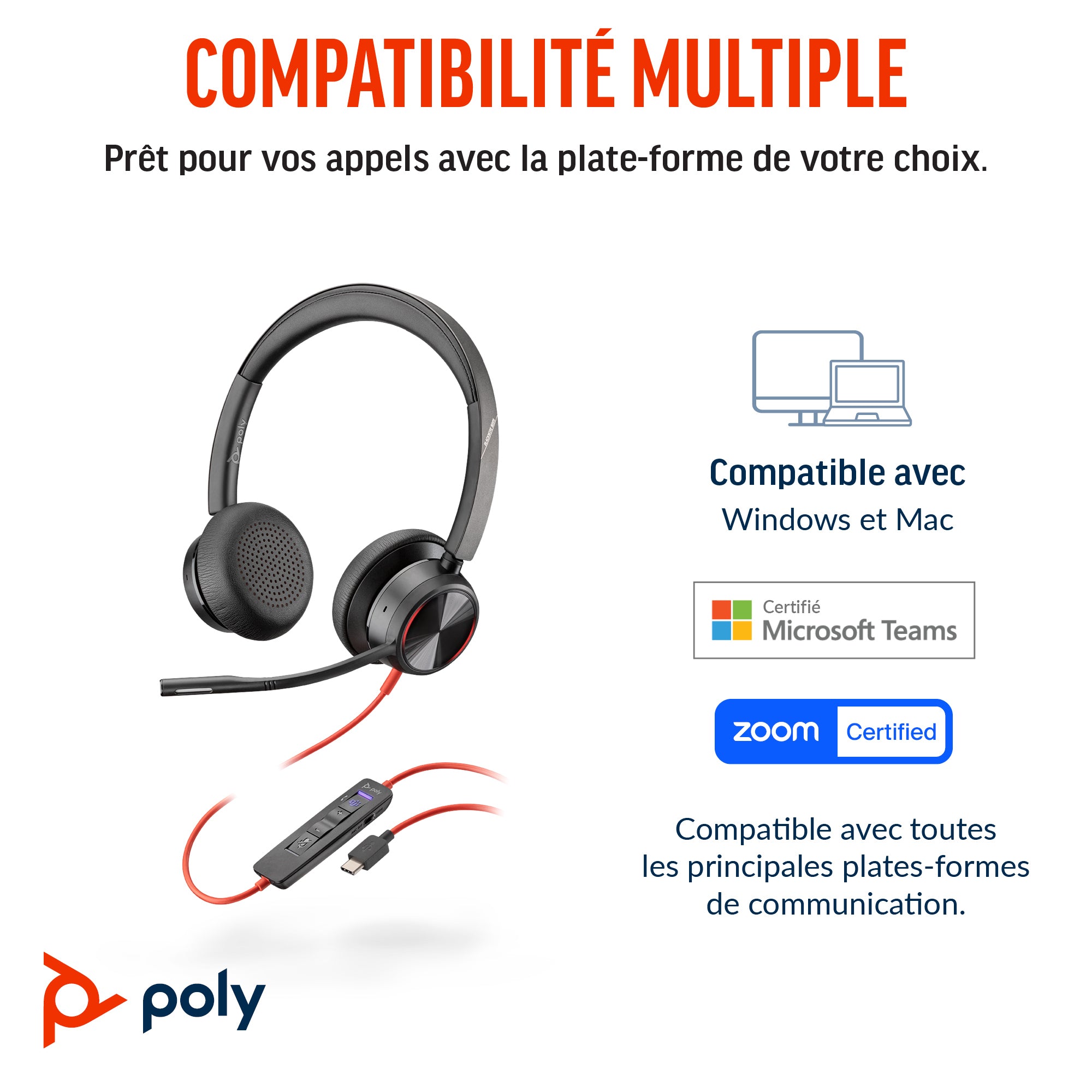 HP Poly Micro-casque Poly Blackwire 8225 stéréo USB-C certifié Microsoft Teams + adaptateur USB-C/A