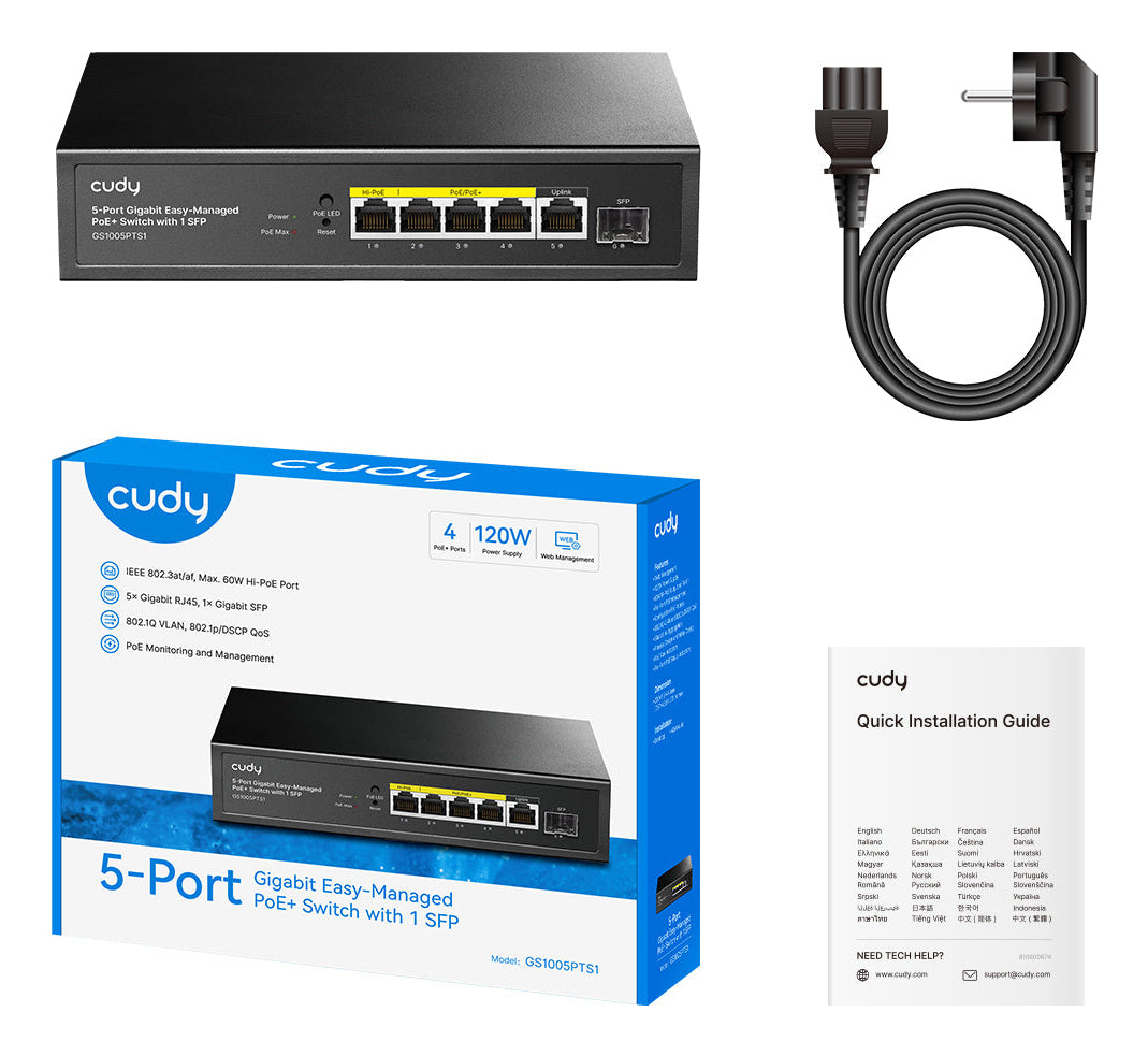 Cudy GS1005PTS1 commutateur réseau Gigabit Ethernet (10/100/1000) Connexion Ethernet, supportant l'alimentation via ce port (PoE) Noir