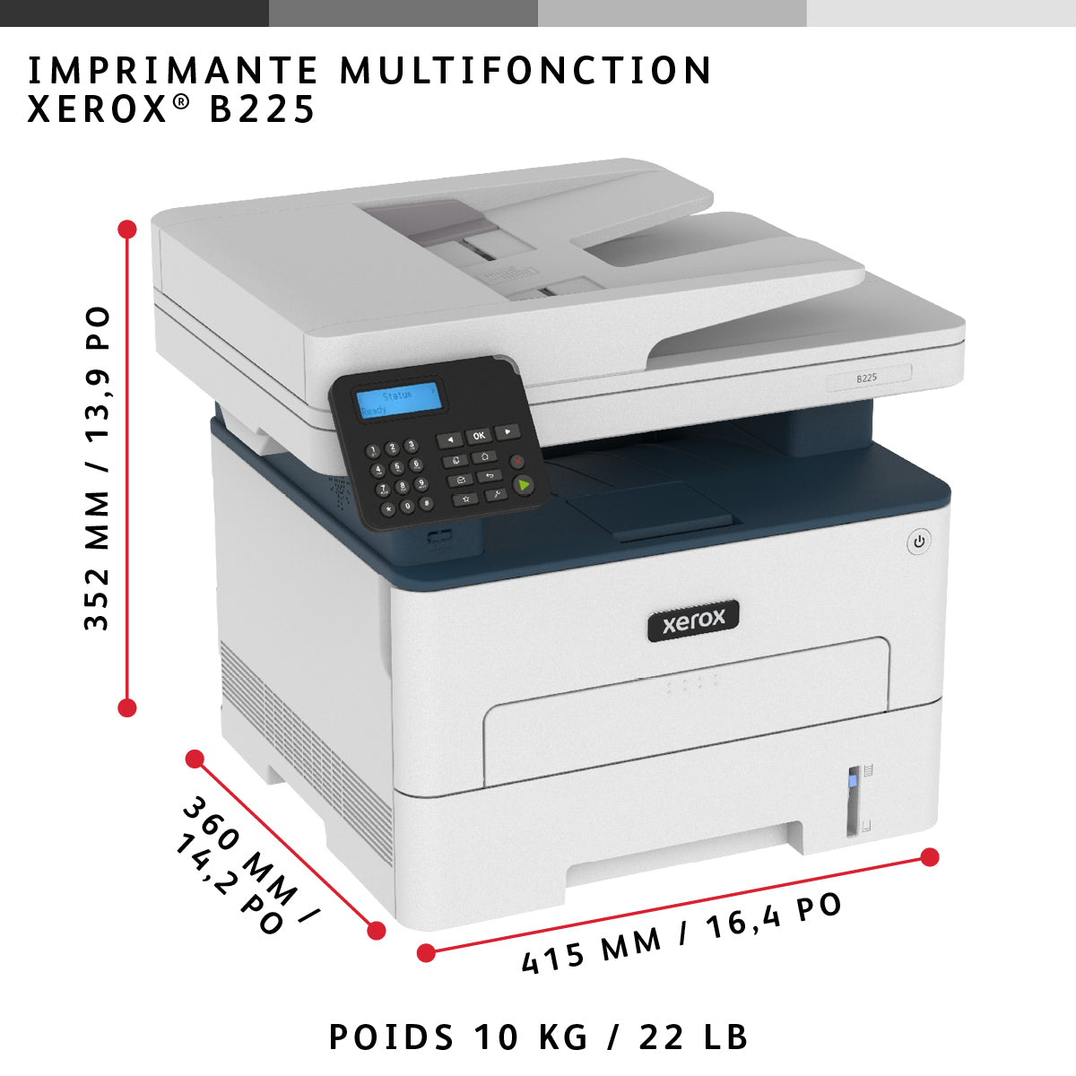Xerox B225 Imprimante Multifonction A4 Sans Fil, 34 ppm, Recto Verso, ADF