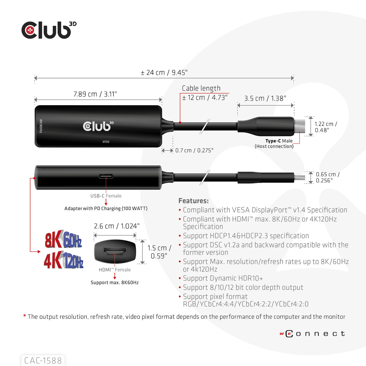CLUB3D CAC-1588 Adaptateur Câble Vidéo USB Type-C vers HDMI, Noir, 0,17 m