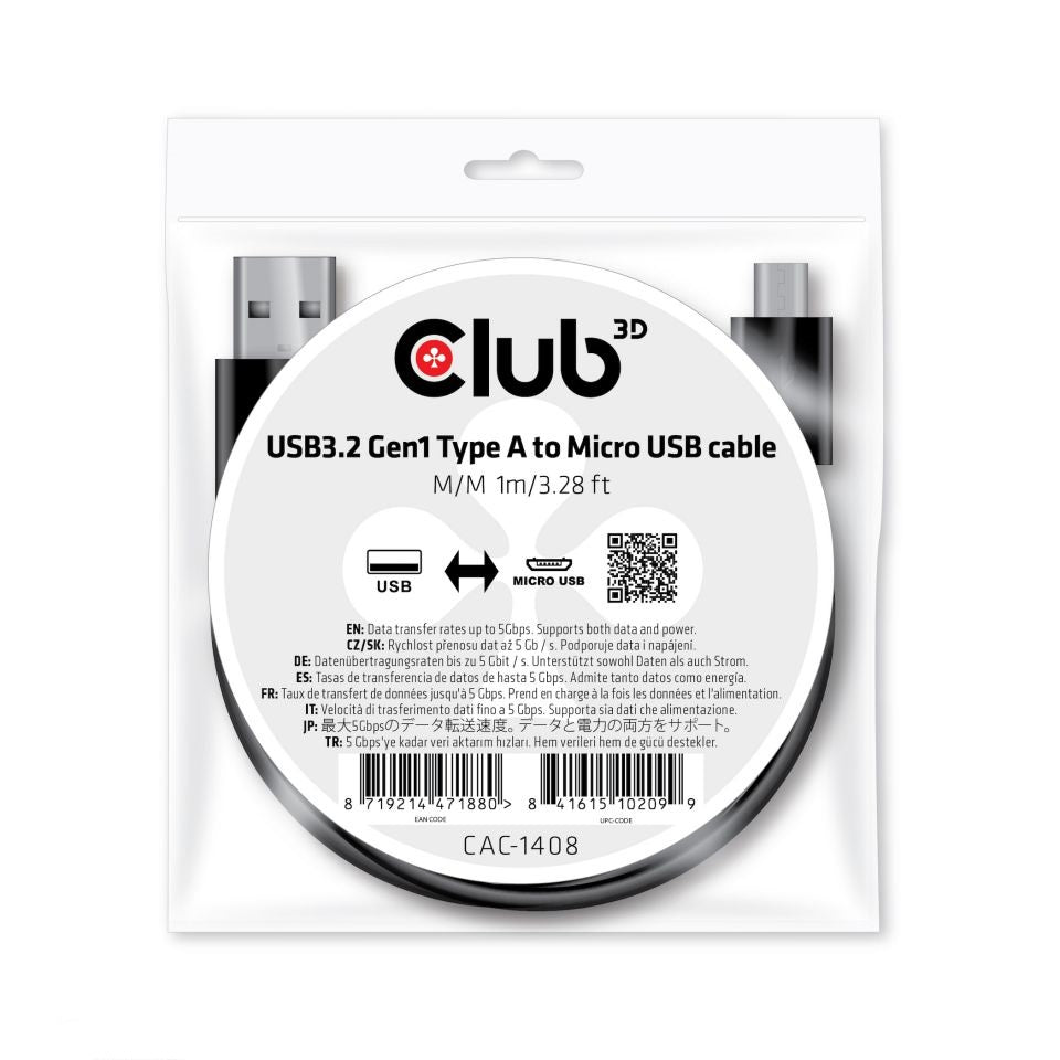 CLUB3D CAC-1408 Câble USB 3.2 Gen 1 USB-A vers Micro-USB B, 1 m, Noir