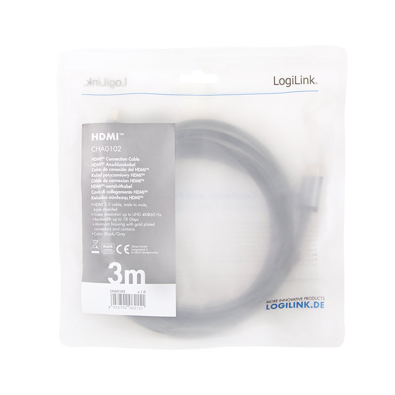 LogiLink CHA0102 Câble HDMI 2.0 Standard Type A, 3 m, Noir et Gris