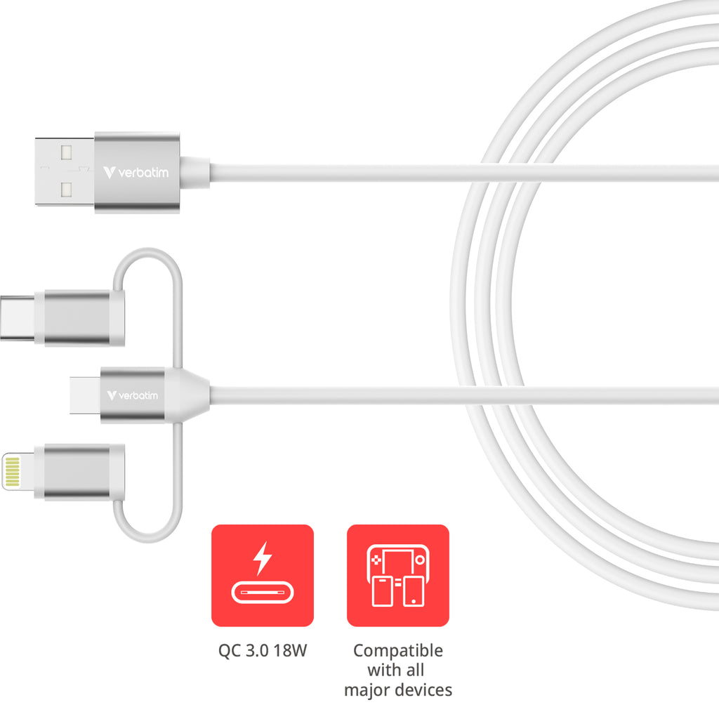 Verbatim 32394 Câble USB 2.0 Multi-connecteurs USB-A vers USB-C, Micro USB-B et Lightning, 1 m, 18 W, Blanc