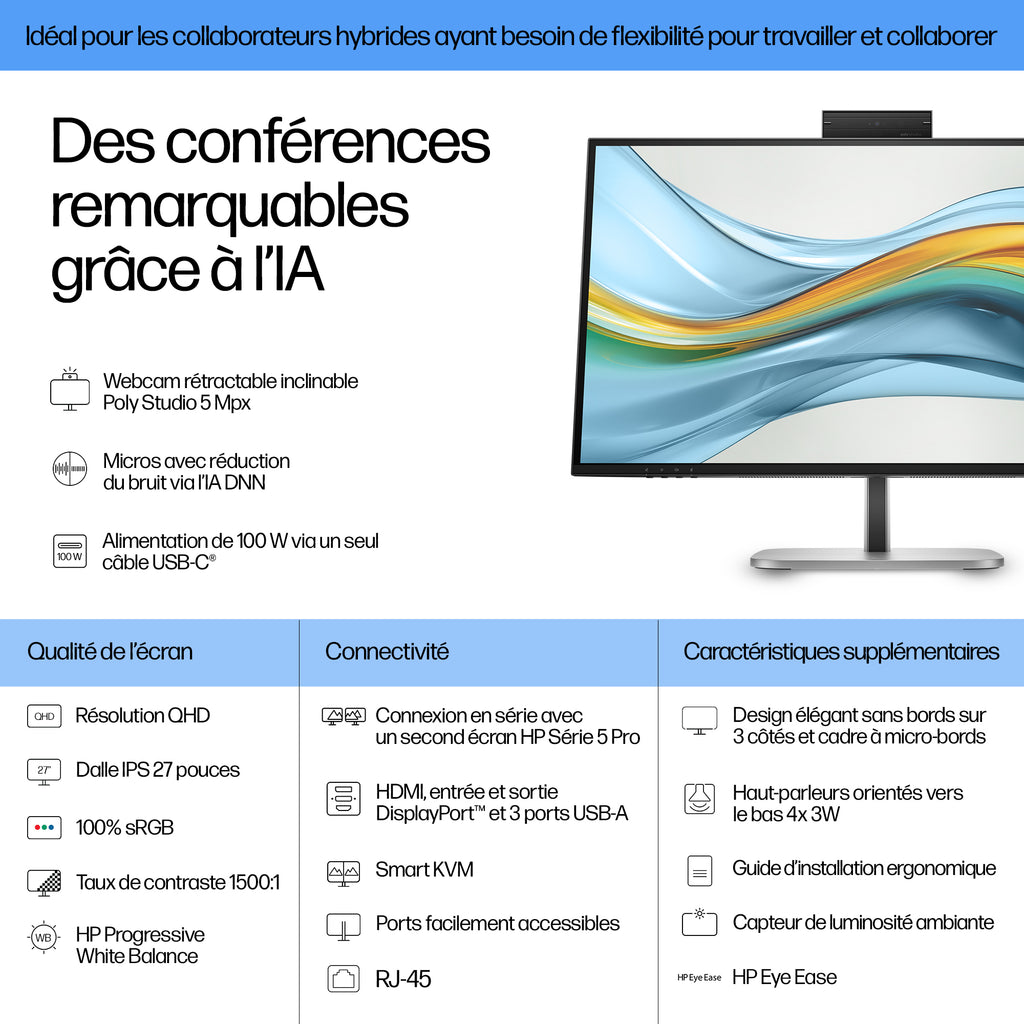 HP Series 5 Pro Écran pour visioconférence QHD USB-C 27 pouces - 527pm sans PVC