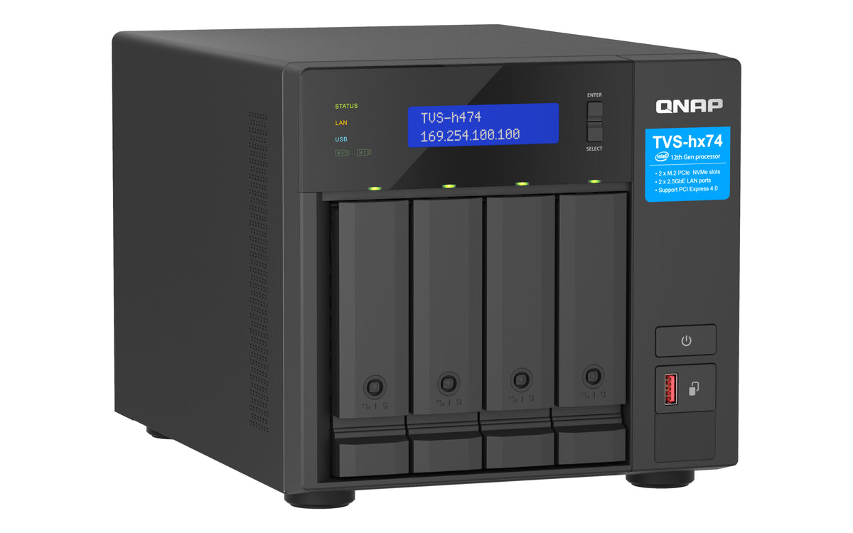 QNAP TVS-H474 NAS Tower Intel® Core™ i3 i3-12100 8 Go DDR4 0 To QuTS hero Noir