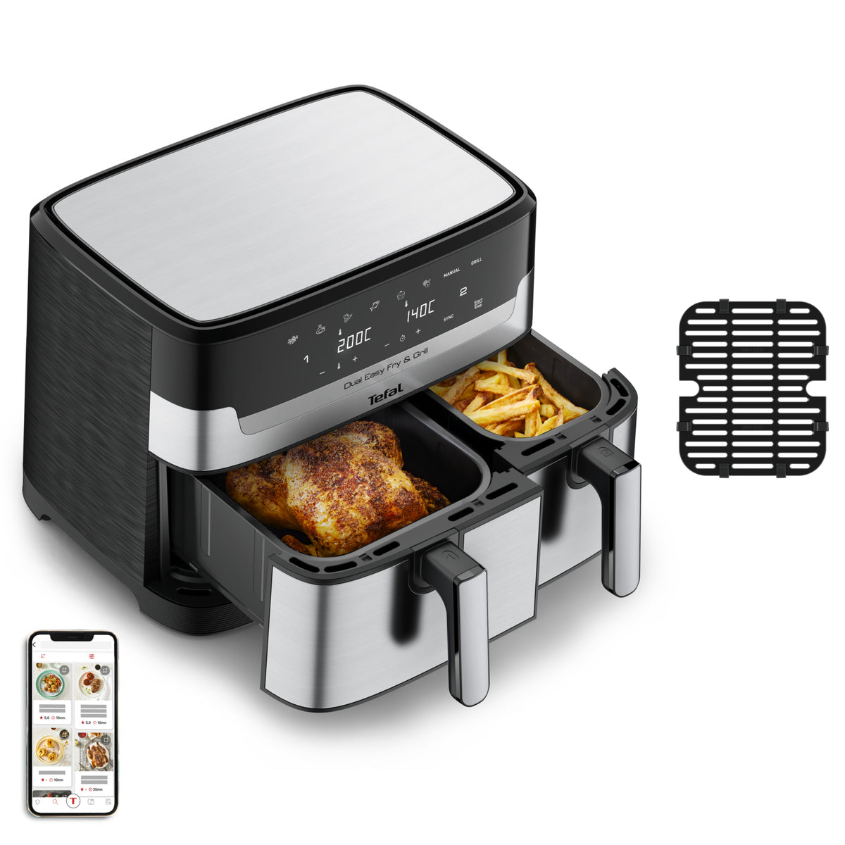 Tefal Dual Easy Fry & Grill EY905D Friteuse à Air Chaud Double 8,3 L 2700 W Acier Inoxydable