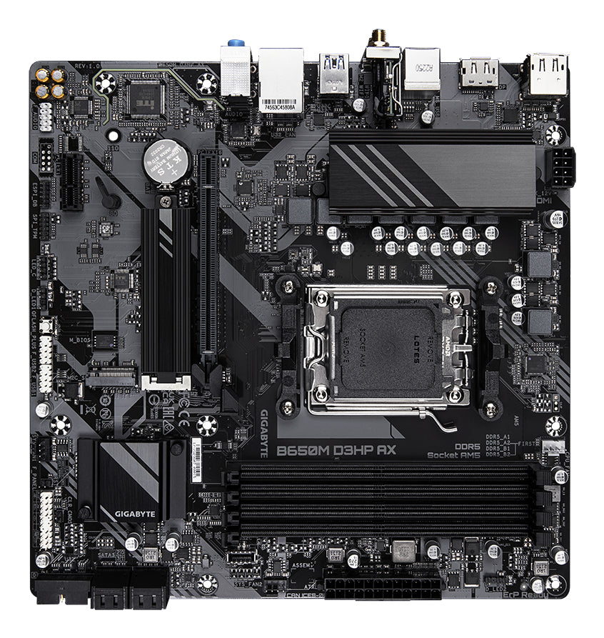 GIGABYTE B650M D3HP AX Carte mère - AMD Ryzen série 9000, VRM 5+2+2 phases, jusqu'à 8000 MHz DDR5 (OC), 2xPCIe 4.0 M.2, WIFI 6E, LAN 2,5 GbE, USB 3.2 Gen 1
