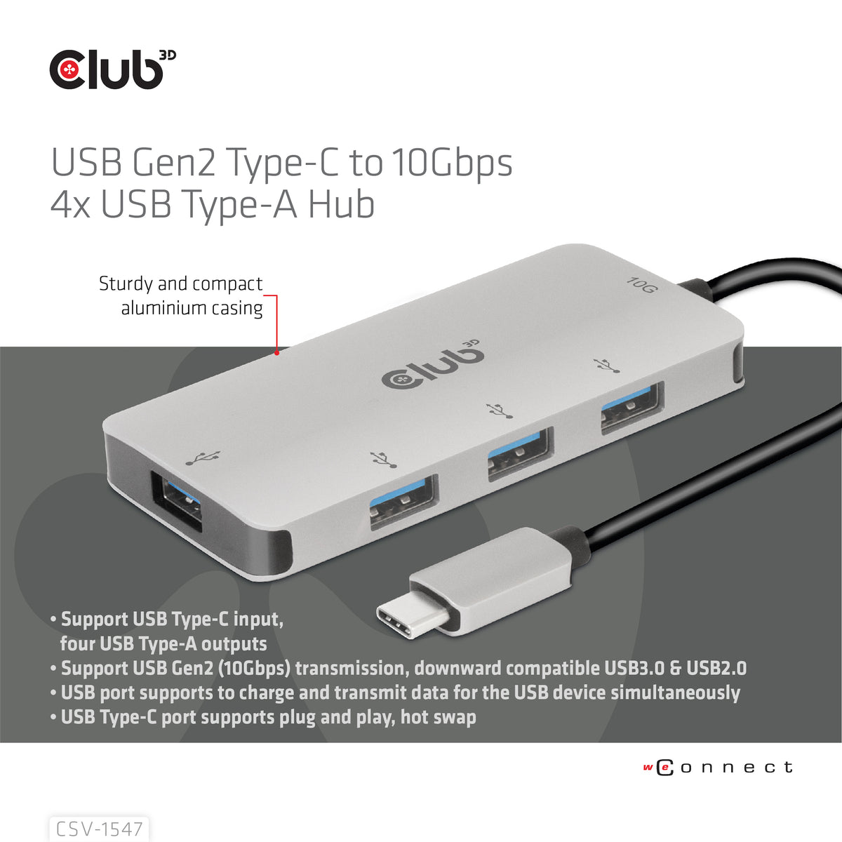 CLUB3D Hub USB-C vers 4 ports USB-A, Transfert Rapide 10Gbps