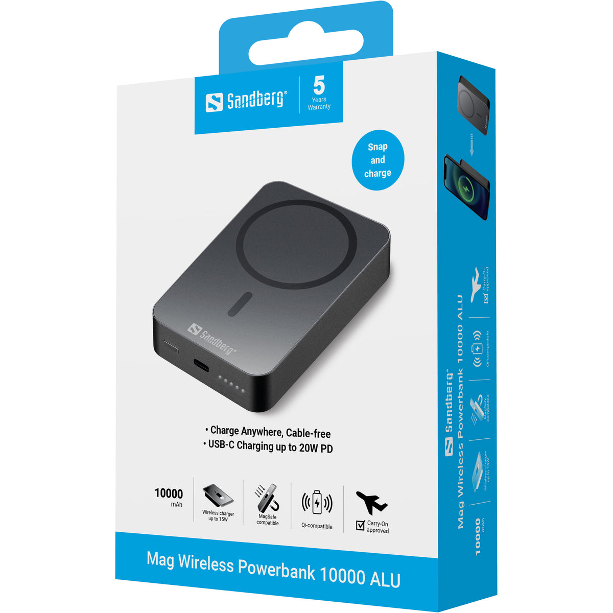 Sandberg Mag Wireless Powerbank 10000 ALU, Batterie Externe Magnétique et Sans Fil, 10000 mAh