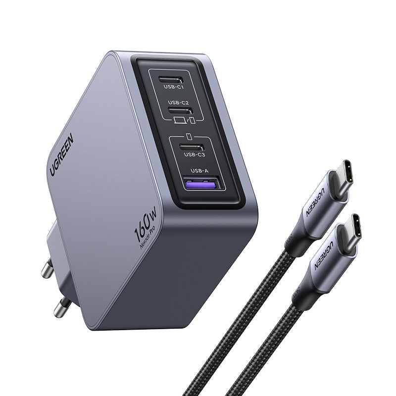 Ugreen Nexode Pro 160W GaN Charger with USB-C Cable Universel Noir, Gris Secteur Charge rapide Intérieure