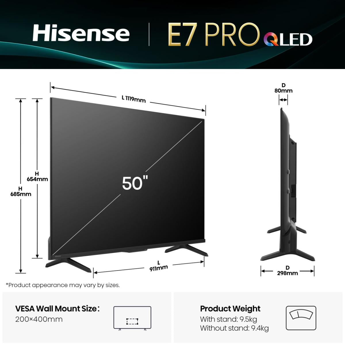 Hisense E7Q PRO 50E7Q PRO 127 cm (50") 4K Ultra HD Smart TV Wifi Noir