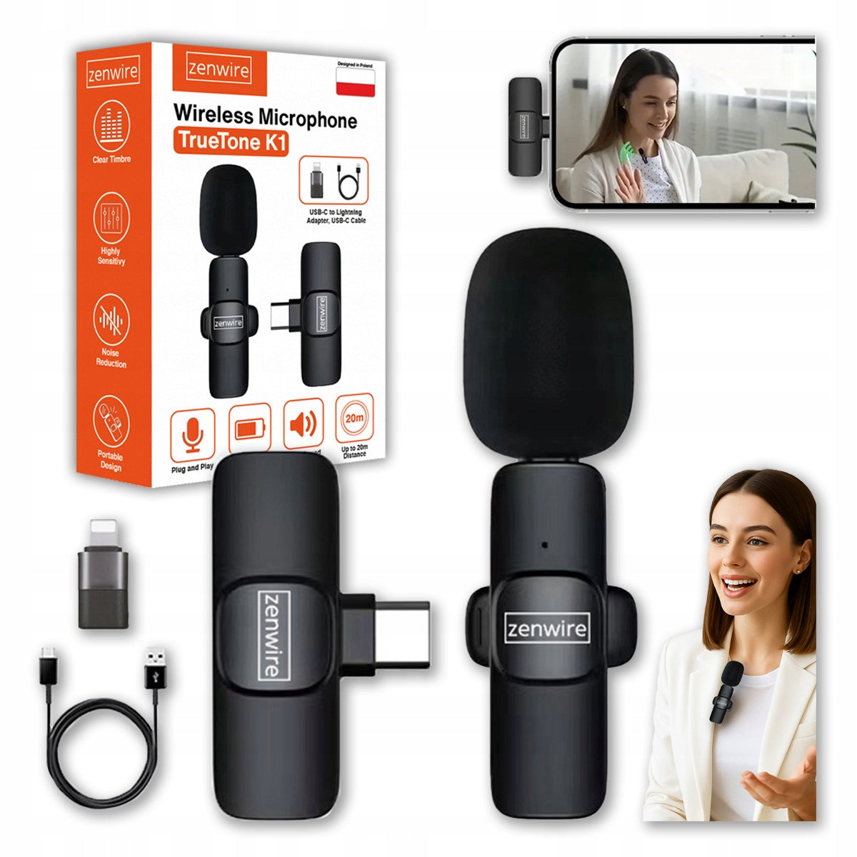 Mini micro-cravate sans fil à effet de surface pour téléphone et ordinateur, USB-C, Zenwire TrueTone K1