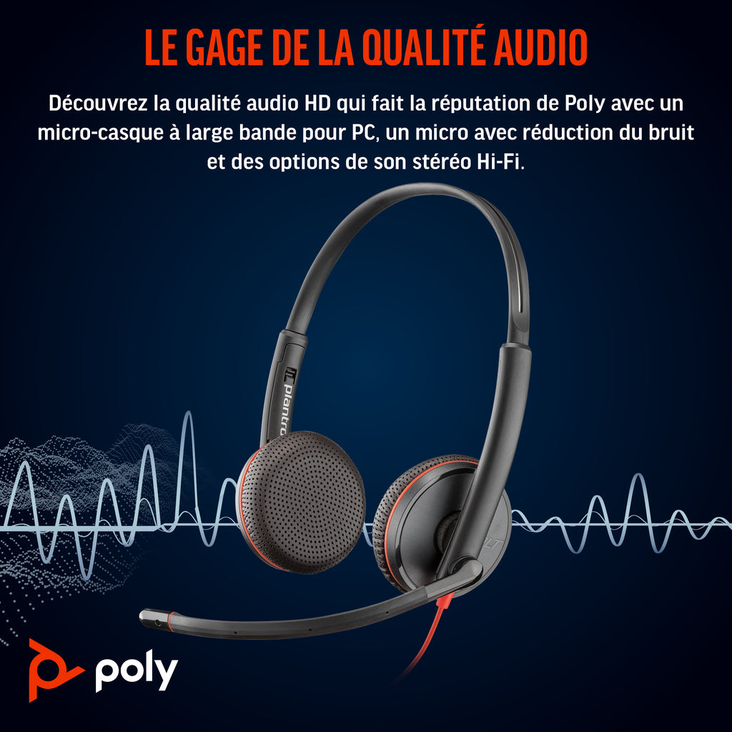 HP Poly Micro-casque stéréo USB-C Poly Blackwire 3225 + prise 3,5 mm + adaptateur USB-C/A (lot)