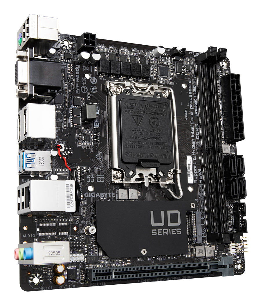 GIGABYTE H610I Carte mère - Prend en charge les processeurs Intel Core 14e génération, VRM numérique hybride 4+1+1, jusqu'à 5600MHz DDR5, 1xPCIe 3.0 M.2, LAN GbE, USB 3.2 Gen 1