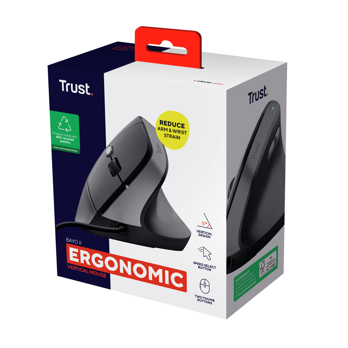 Trust Bayo II Souris Ergonomique pour Droitier, USB Type-A, 2400 DPI